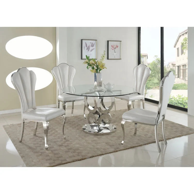 Mesa de comedor redonda con tapa de vidrio templado y base de acero