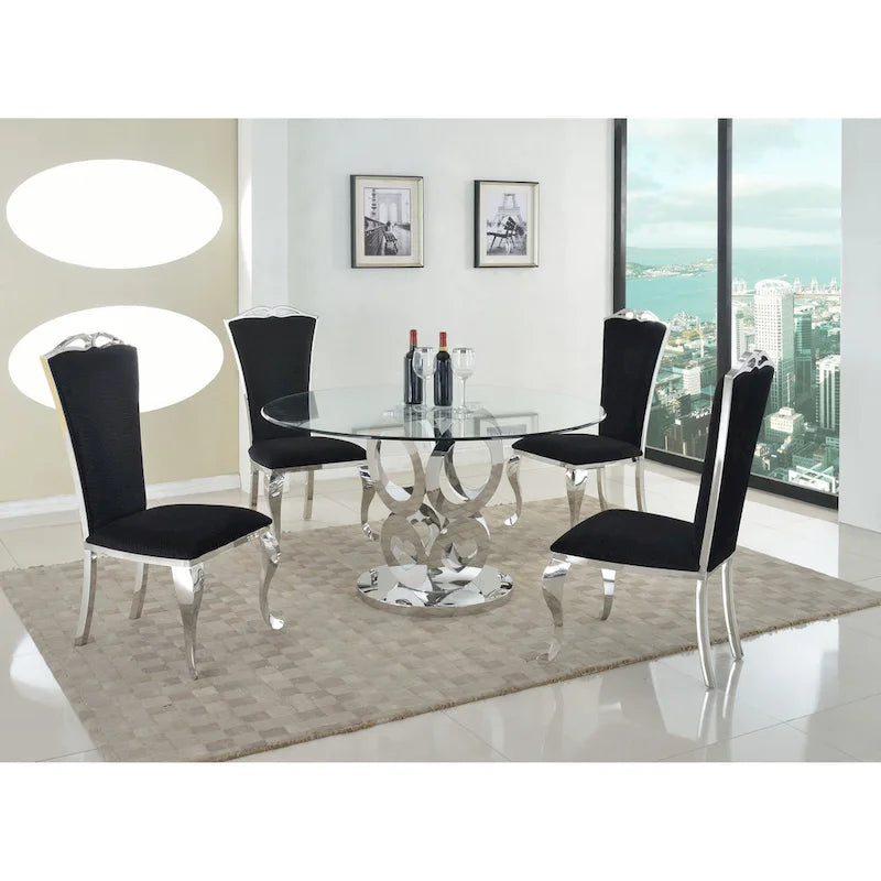Mesa de comedor redonda con tapa de vidrio templado y base de acero