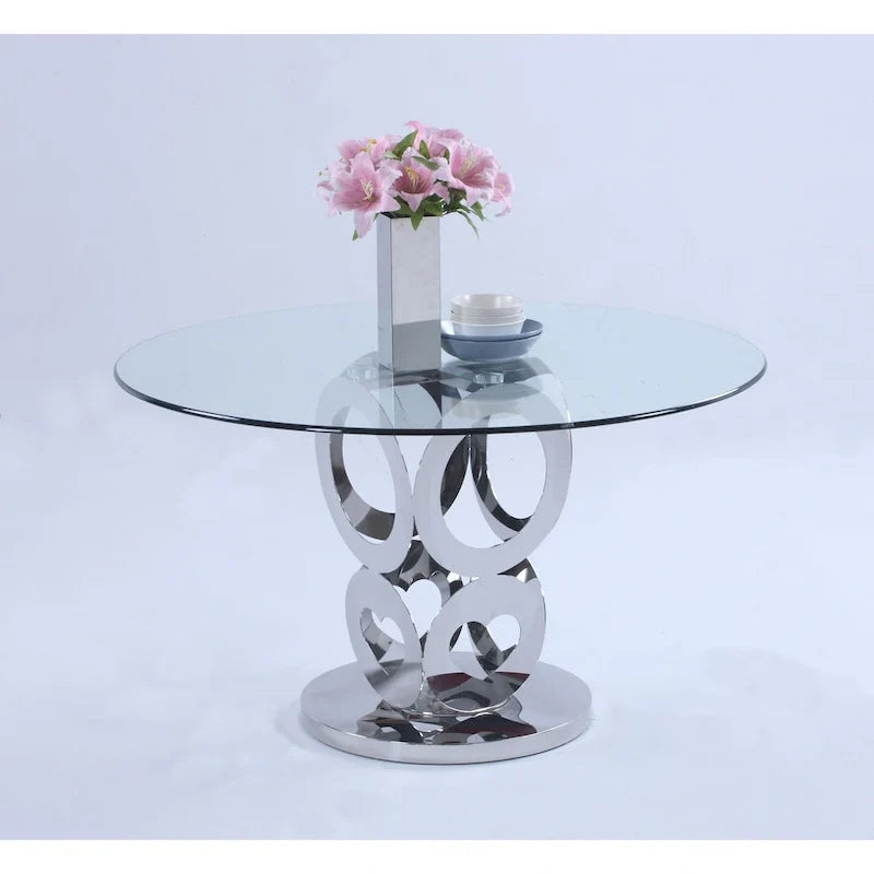 Mesa de comedor redonda con tapa de vidrio templado y base de acero