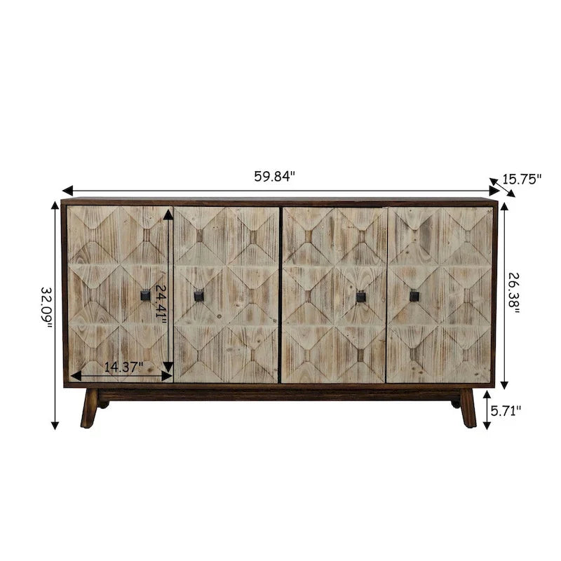 Aparador vintage de 4 puertas con relieve decorativo y estantes ajustables