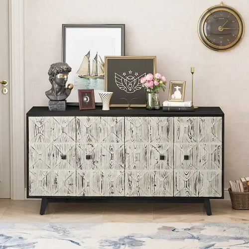 Aparador vintage de 4 puertas con relieve decorativo y estantes ajustables
