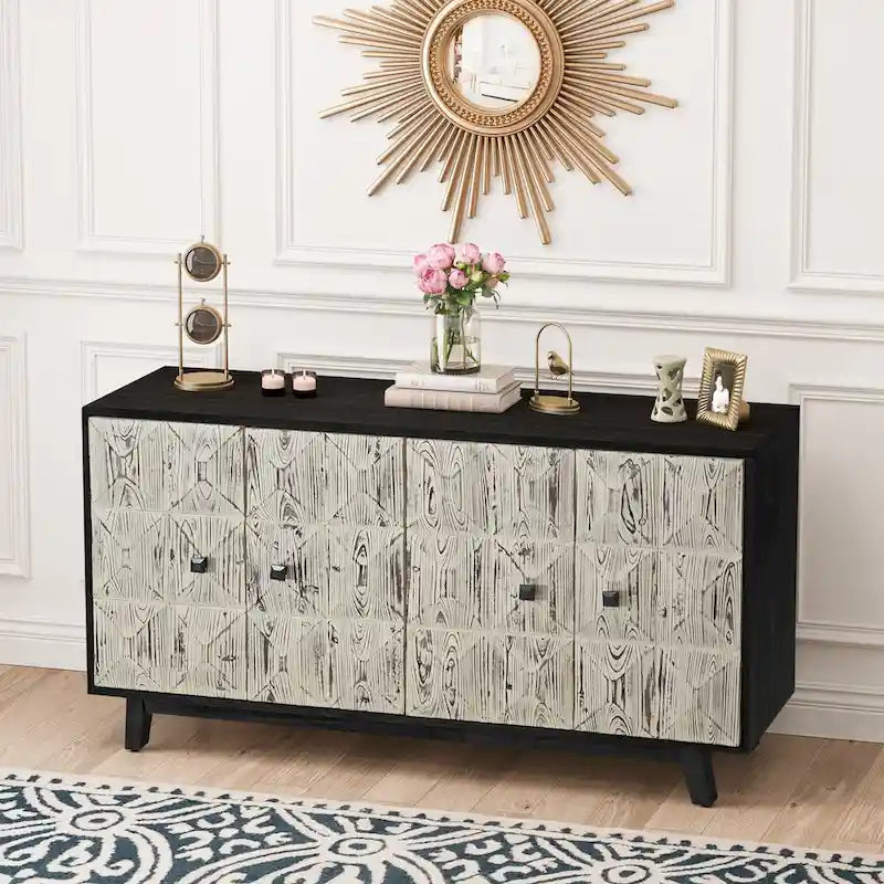 Aparador vintage de 4 puertas con relieve decorativo y estantes ajustables