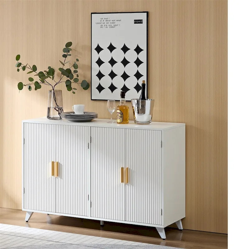 Aparador de 4 puertas con estantes extraíbles y acabado blanco y dorado
